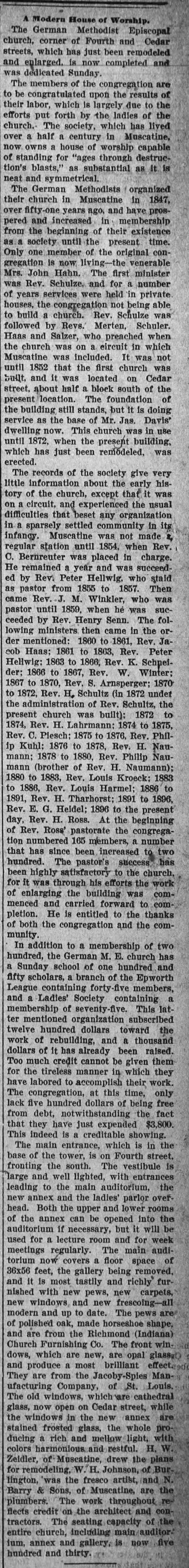 1898 Muscatine IA news article about German ME Church incl Peter Hellweg